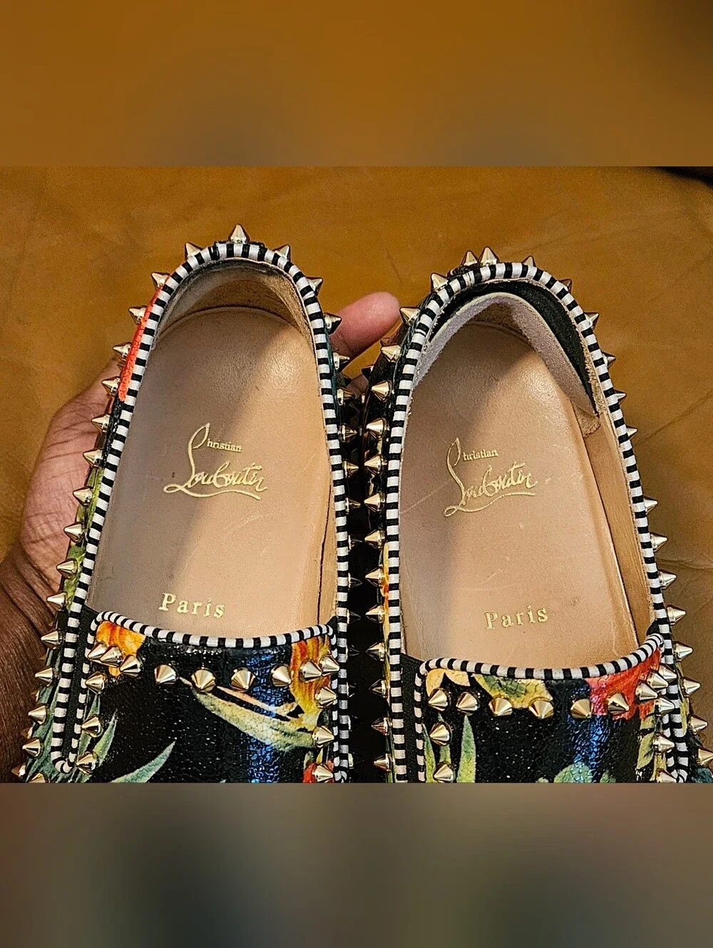 Men's Christian Louboutin Floral Spike-Studded Slip-On Loafers Size 11 US